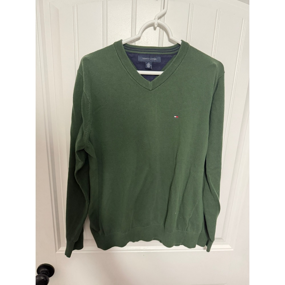Tommy Hilfiger Sweater Mens M Green V-Neck Long Sleeve Cotton Pullover Logo EUC